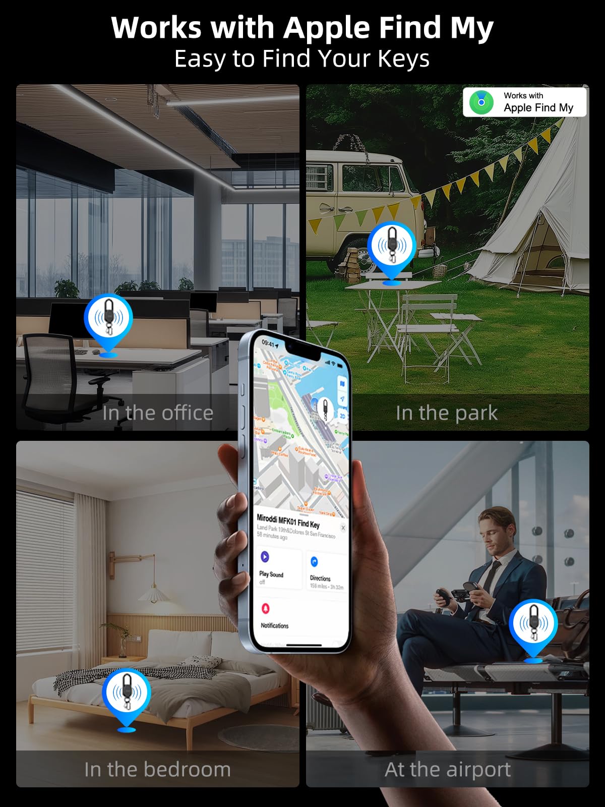 Miroddi Llavero con rastreador de llaves, llavero para hombre, funciona con Find My App (solo iOS), mosquetón con buscador de llaves GPS, dispositivo de seguimiento de llavero de coche, rastreador de
