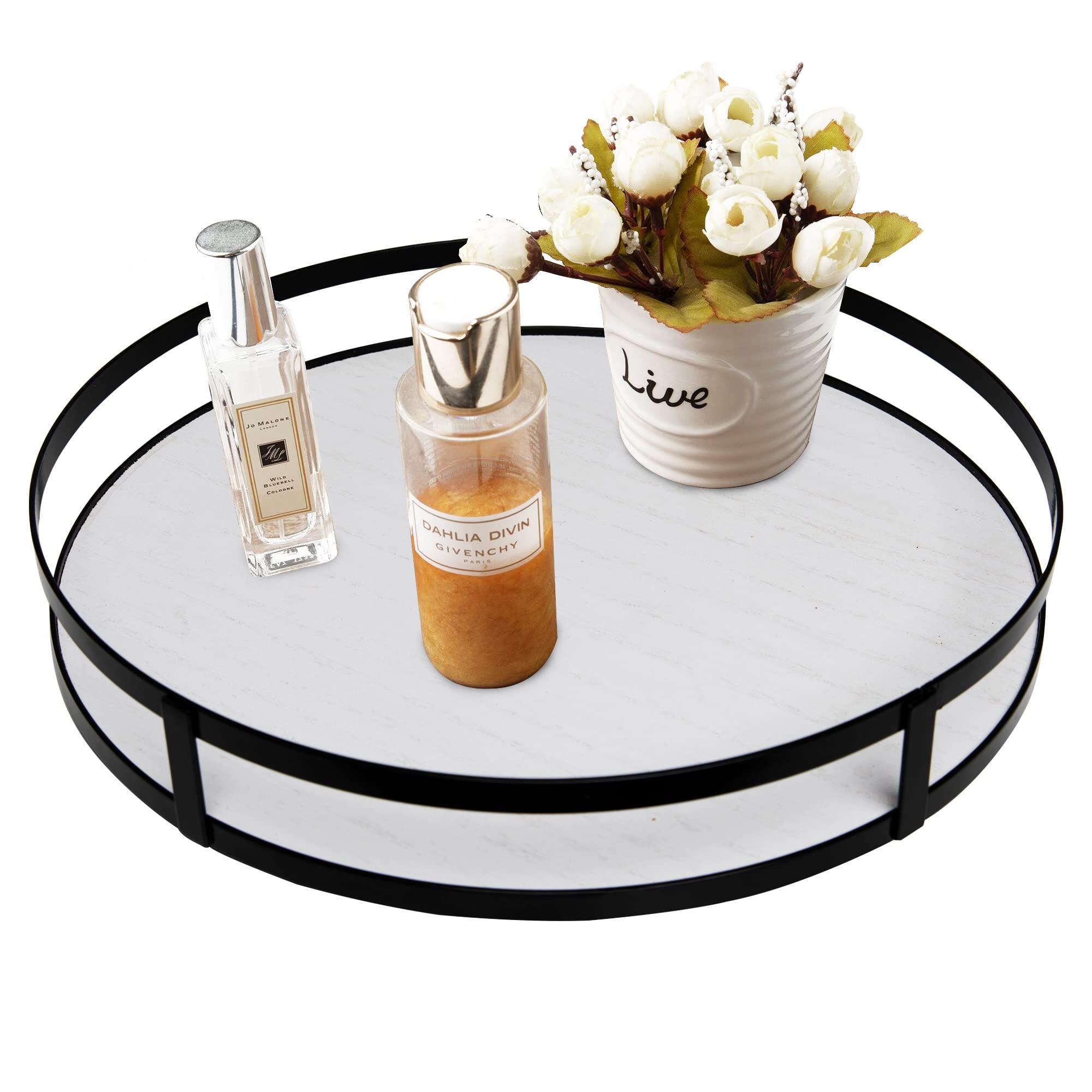 Defined Deco Decorative Tray Wood Tray Decor Round Tray with Metal Handle Decorative Trays for Home Decor Farmhouse Serving Tray, White