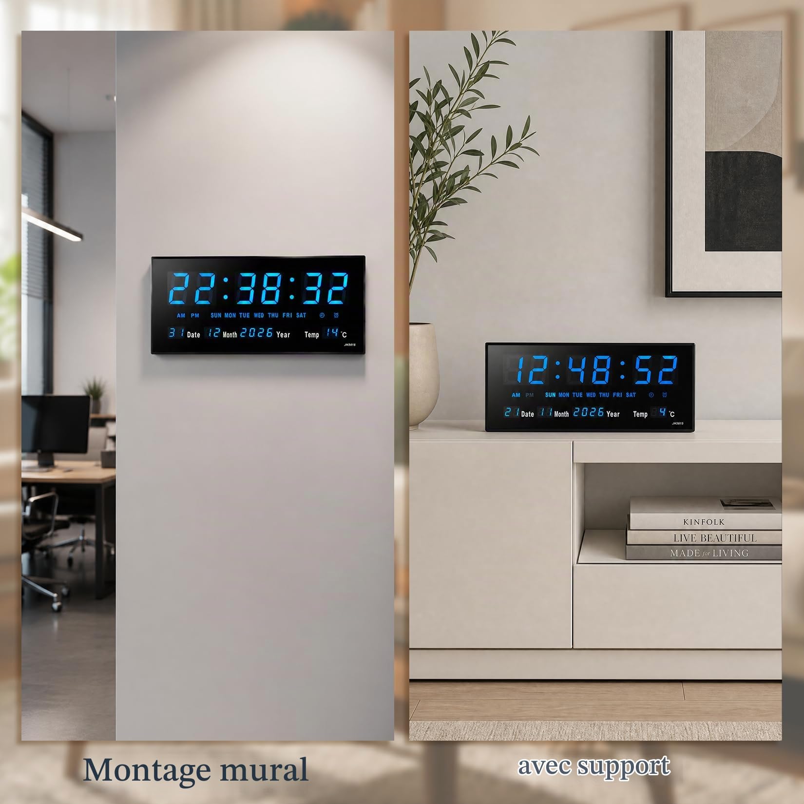 Starlet24 JH4622 Horloge murale LED avec affichage de la date et de la température Bleu 45 x 22 cm