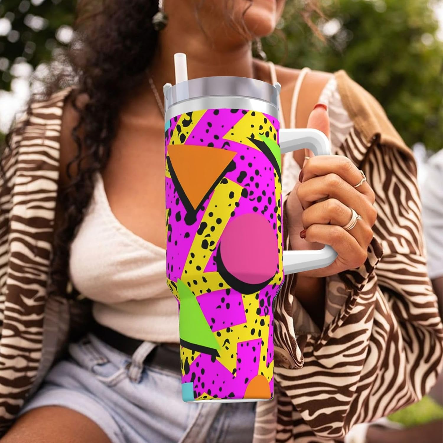 40 oz Vintage 80s Memphis Tumbler with Handle and Straw Lid, Cup Holder Insulated Stainless Steel Travel Mug