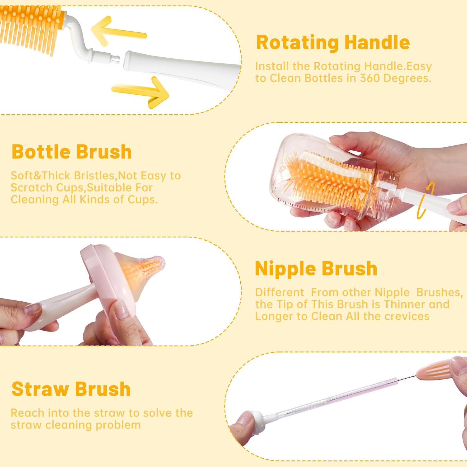 Bottle Brush Set,Travel Bottle Cleaner Kit with Baby Bottle Brush,UV Light,Straw Brush,Nipple Brush,Bottle Drying Rack for Home and Travel(Orange,Cylindrical)