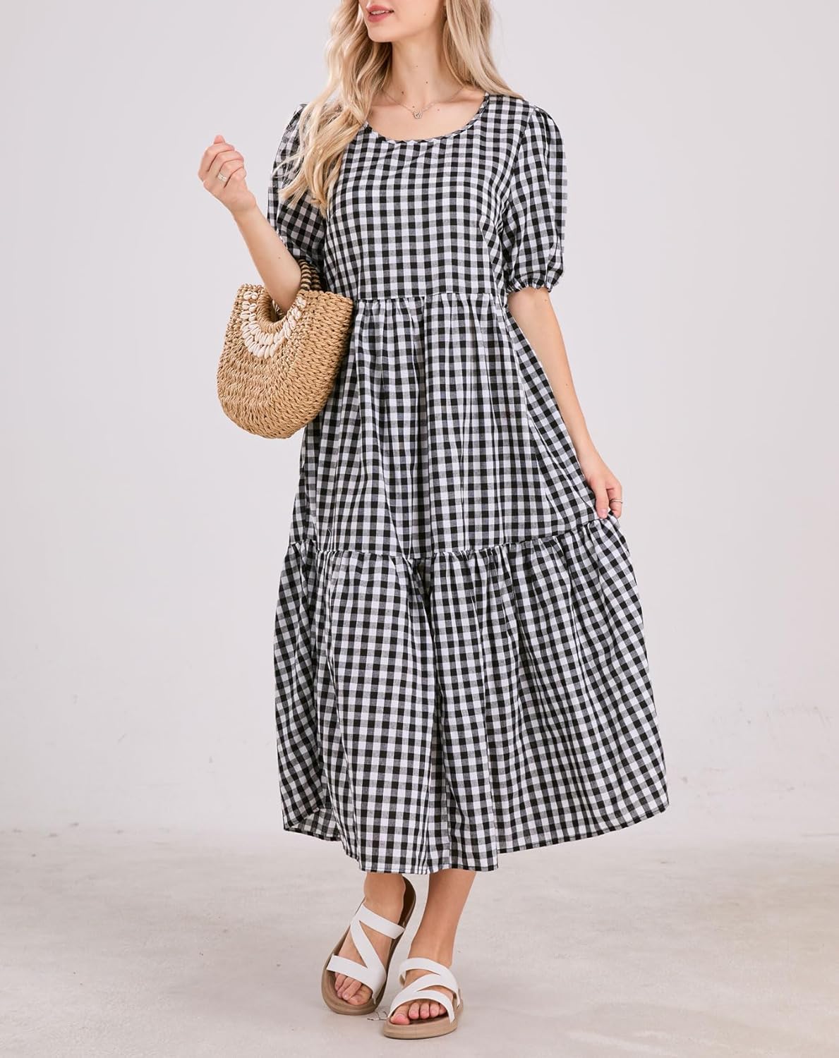 chouyatou Women's Retro Lantern Puff Sleeve Plaid Dress Gingham Swing Tiered Midi Long Dress - Image 4