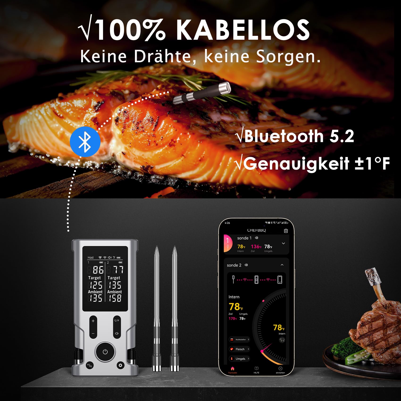 Termometro per carne, senza fili, Bluetooth, con app IP67, impermeabile, senza fili, per forno, barbecue, affumicatore, forno