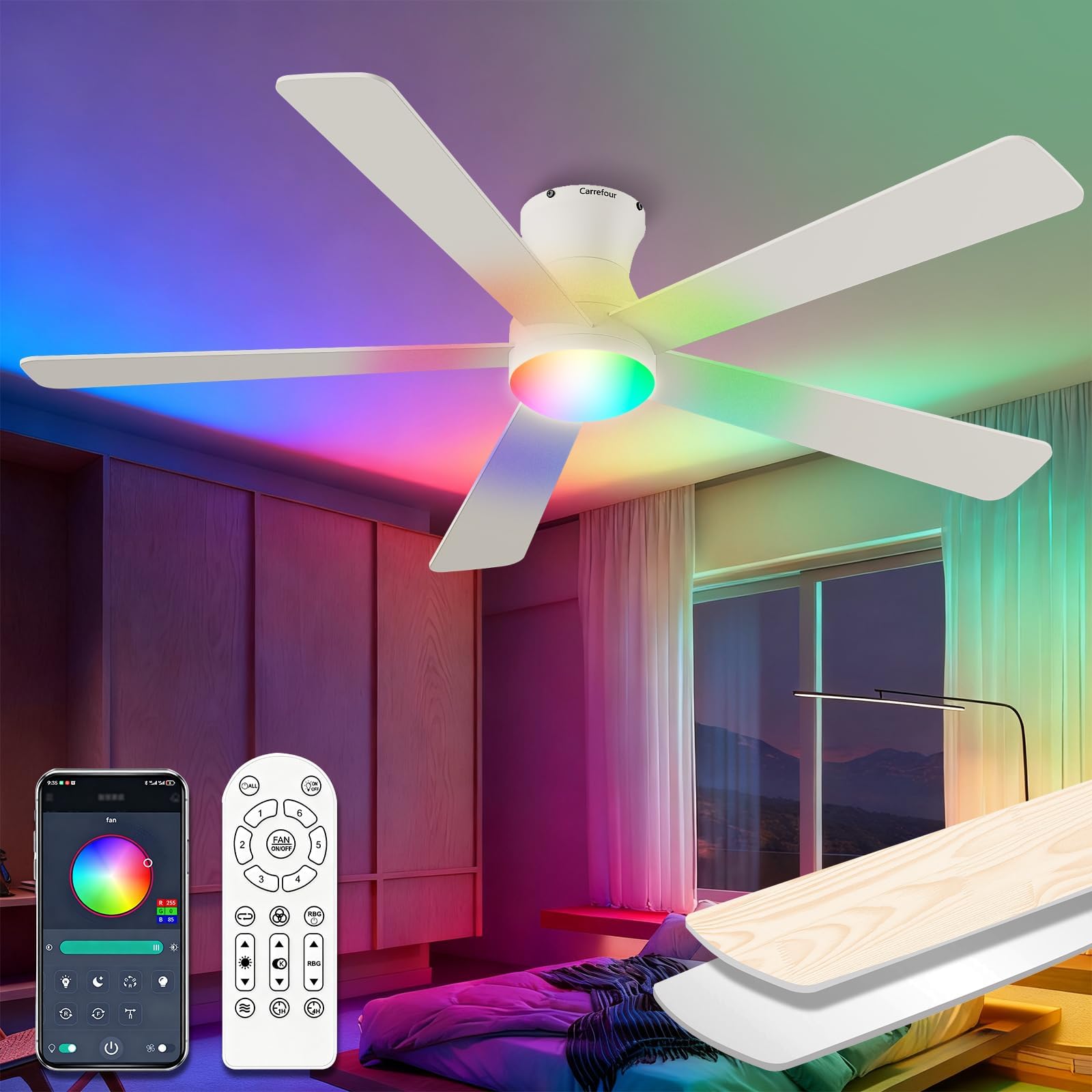 Carrefour 52 Inch White Ceiling Fans with Lights Remote and App Control, Low Profile Flush Mount Modern RGB Ceiling Fan, 6 Speeds Reversible DC Motor, Dimmable 3 CCT for Bedroom, Living Room