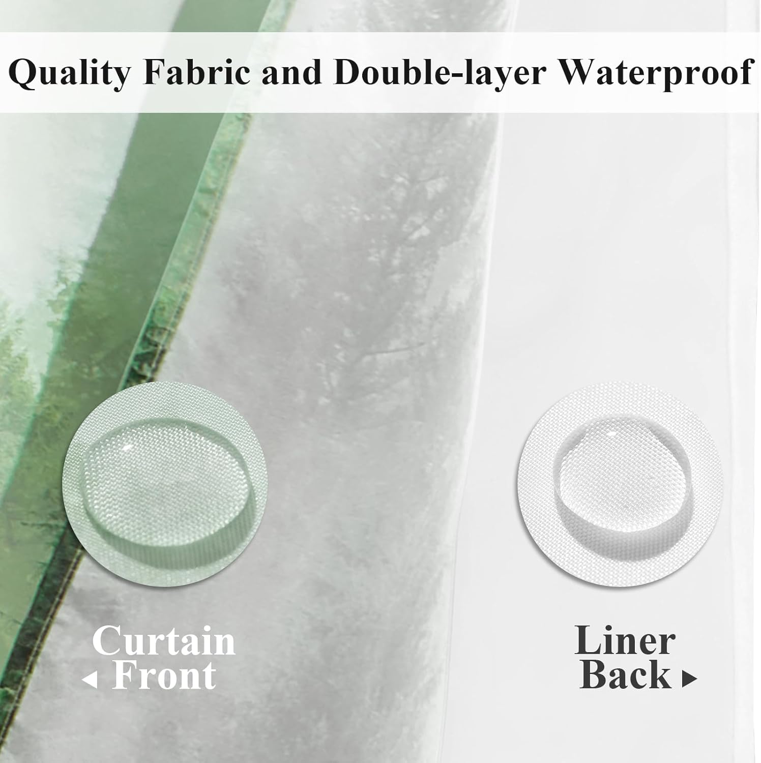ORTIGIA Misty Forest Shower Curtain with Liner for Bathroom, Green Double Layer Nature Shower Curtain Set with See Through Top Window, Luxury Fabric Tree Bath Curtain, 72x74 with Metal Hooks
