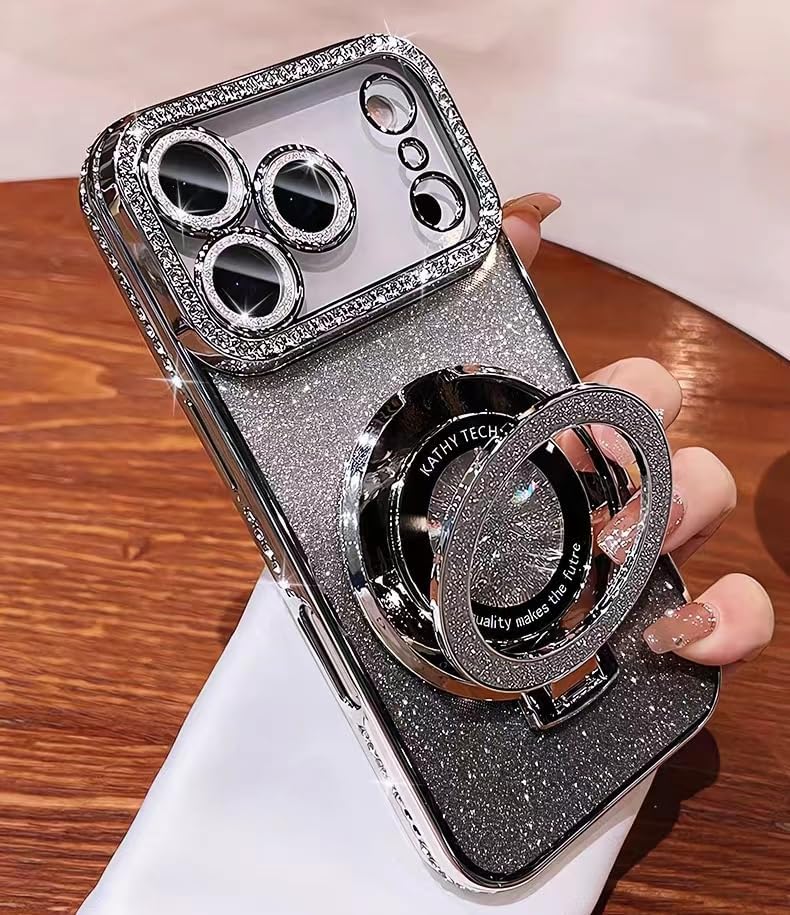 Magnetic Stand Glitter Case for iPhone 17 Pro Max, [Comatible with Magsafe], Luxury Cute Sparkly Bling Diamond Camera Lens Protector 2in1 Women Girls Soft Phone Cover Case for iPhone 17 Pro Max,Silver - Image 7