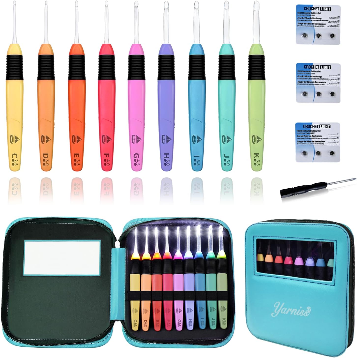 Yarniss 9 Piece LED Light Up Crochet Hook Set, LED Hooks for Dark Yarns (2.5mm-6.5mm) with 3 Replacement Battery Packs