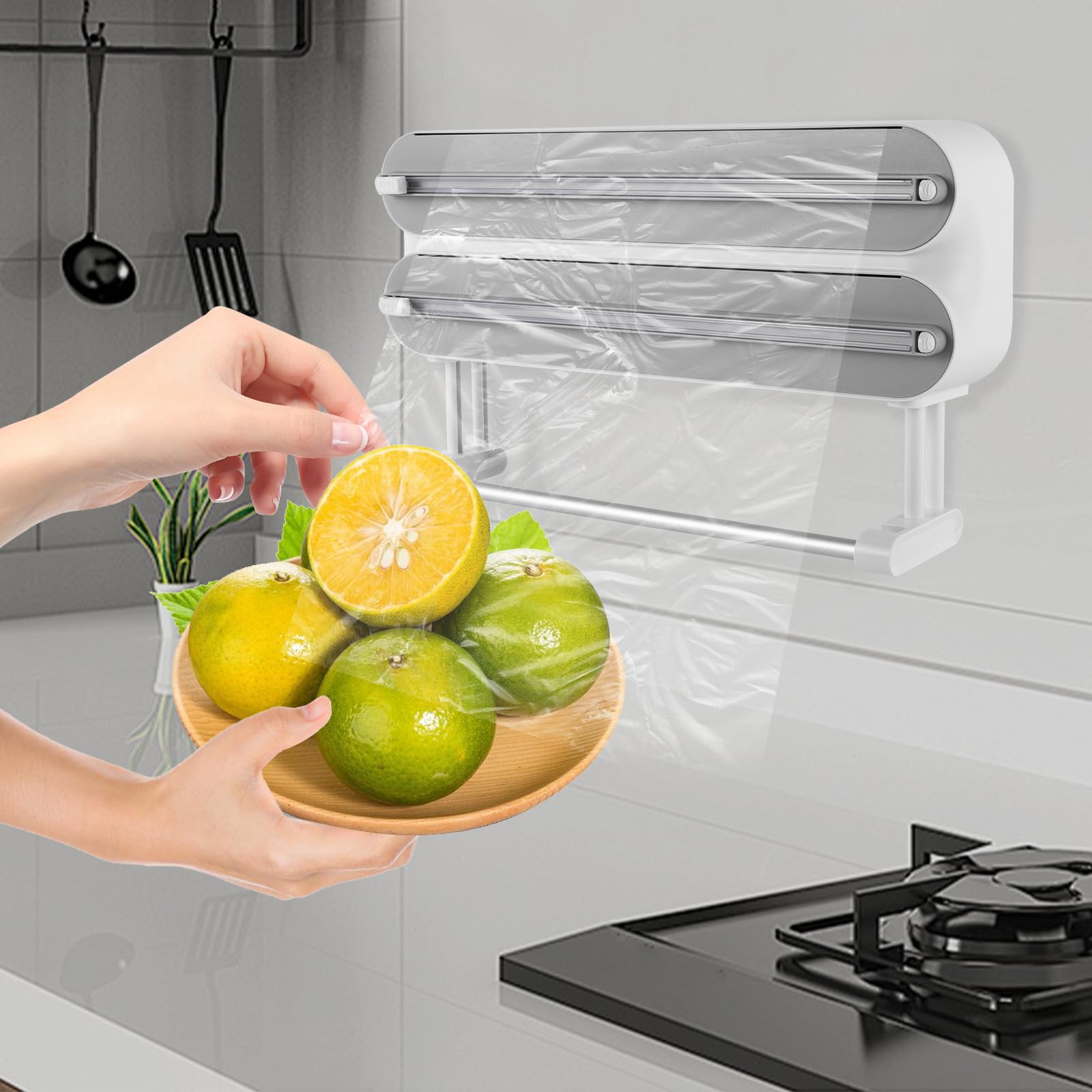 Portarrollos de pared para cocina, soporte para rollos de papel de cocina con dispensador de papel de aluminio y cortador de film transparente – Ahorra espacio, magnético, 3 en 1 para papel de cocina