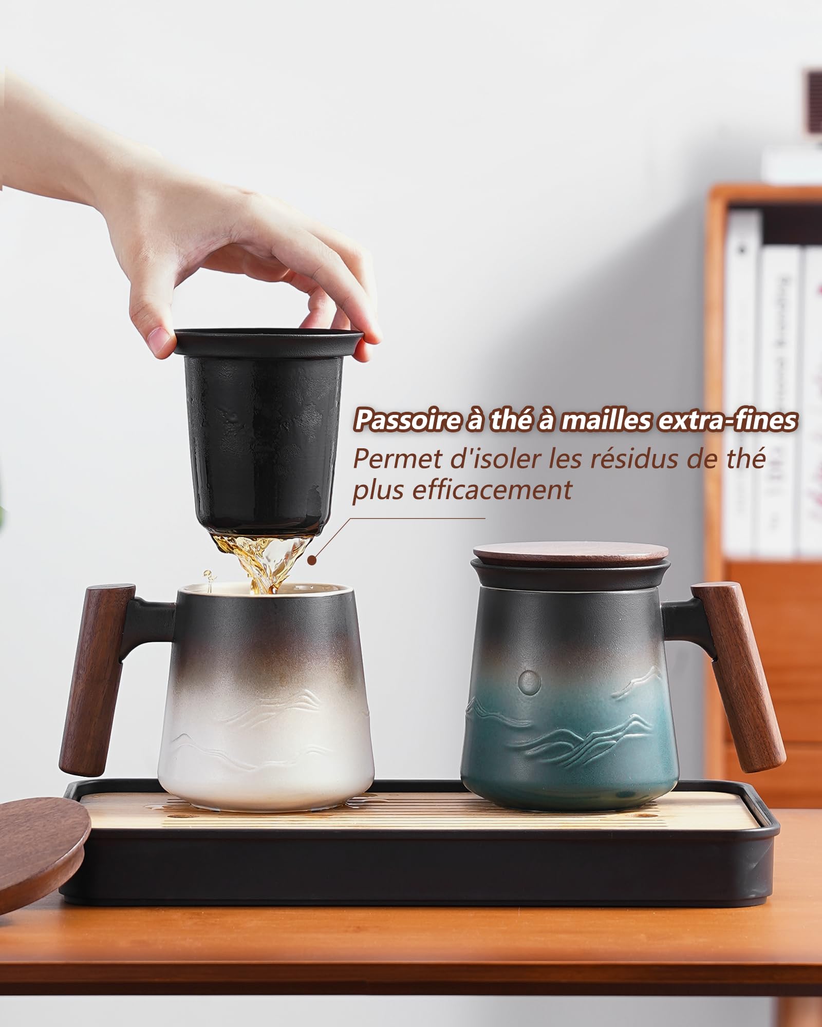 ZENS Tazza da tè in rilievo in ceramica (430 ml) tazza a the con infusore e coperchio Manico in legno, Fogli mobili tazza con coperchio & colino per gli amanti del tè Regali