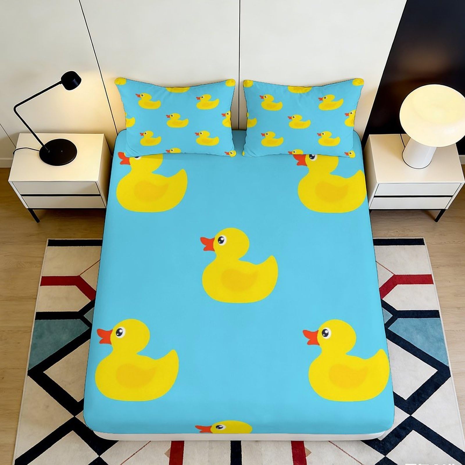 3D Printed Duck Pattern Fitted Sheet Microfiber Deep Pocket Non-Slip Bedding Duck Mattress Fitted Cover for Bedroom Washable 120x200x25cm