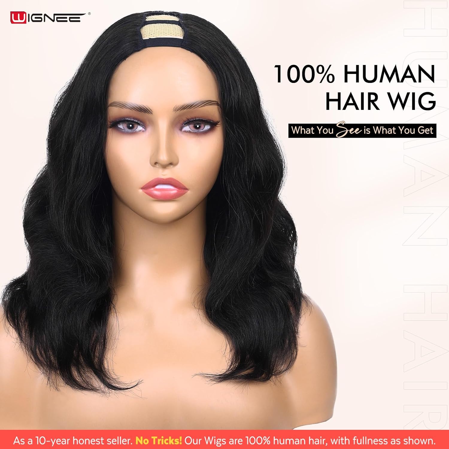 WIGNEE U Part Human Hair Wig Body Wave | True Curved 14" Length No Stretching | 100% Unprocessed Brazilian Virgin Hair | 200% Density V Part Body Wave Wigs for Black Women Human Hair Glueless