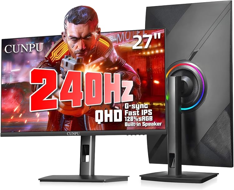 CUNPU 27 Inch 1440P 240Hz Fast IPS Gaming Monitor with Ergonomic Stand, 1ms GTG, FreeSync G-Sync HDR