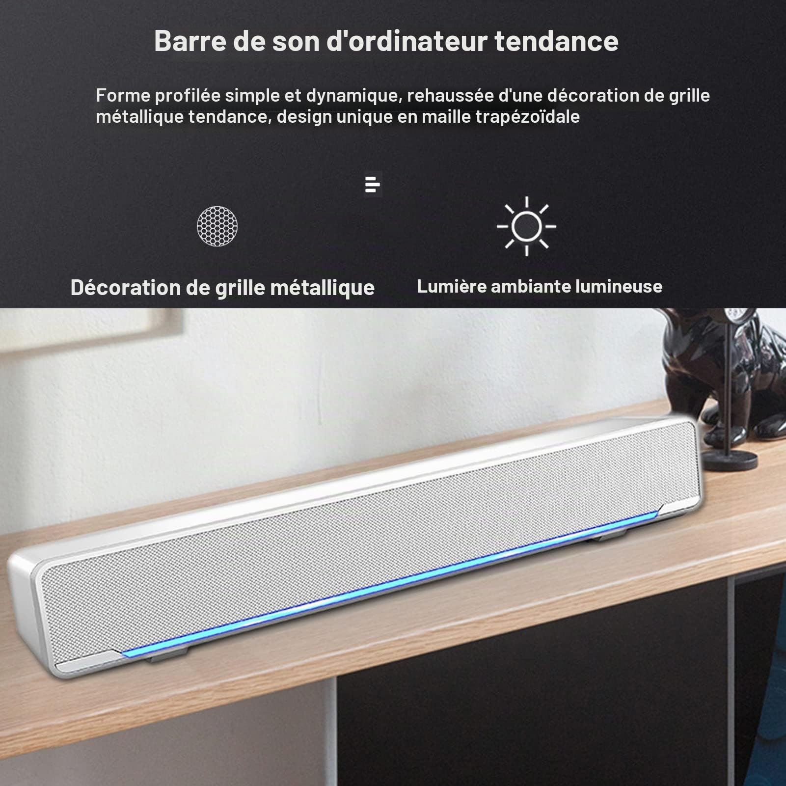 Barre de Son stéréo Filaire USB 3D avec lumière respiratoire à LED Bleue pour Haut-parleurs de télévision/cinéma Maison, Jeux, projecteurs, 12 Pouces