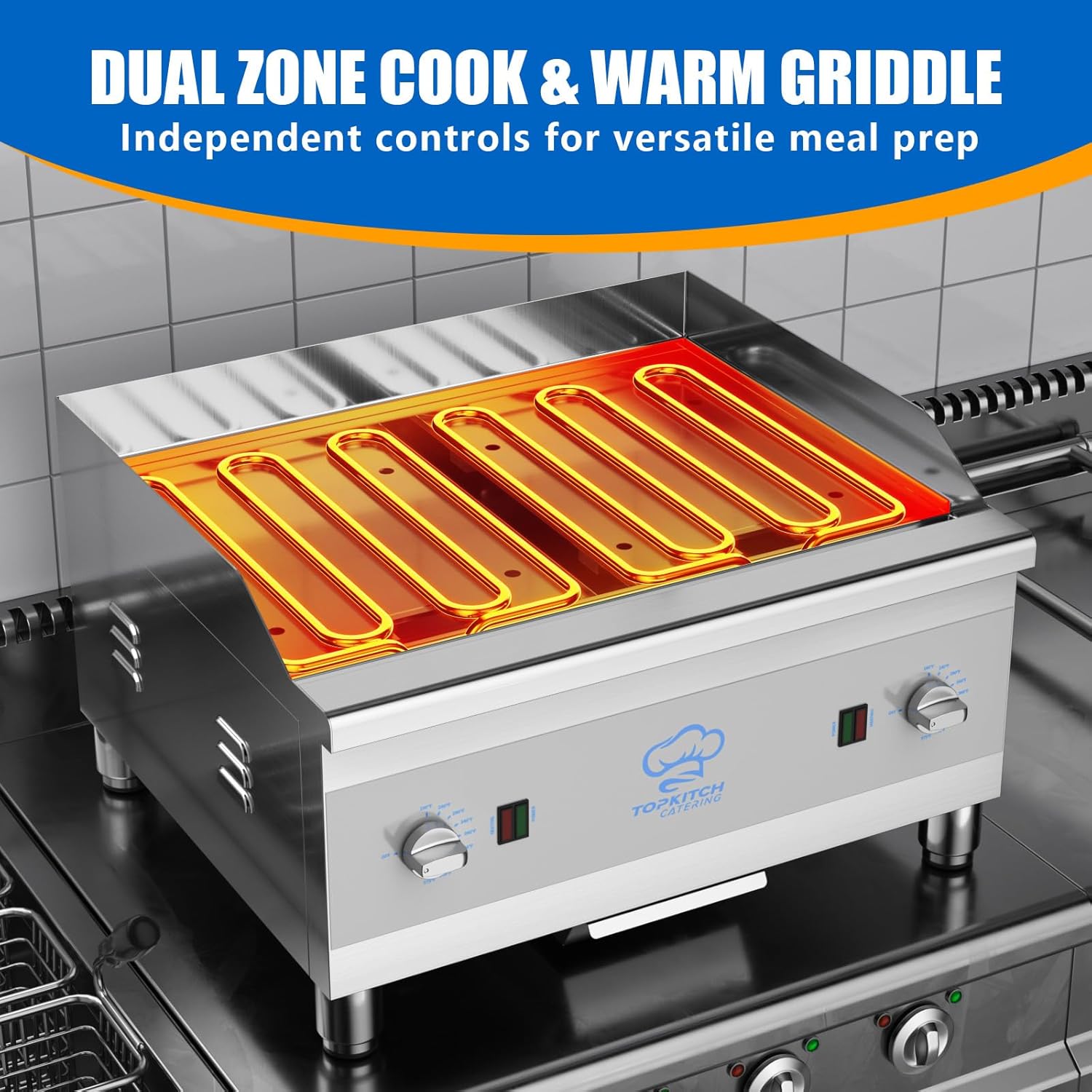 TOPKITCH 24"x16" Commercial Electric Griddle With 10mm Thick Cooking Plate,Independent Dual Cooking Zone,ETL Certified 575℉ Temp Control, Countertop Griddle Suitable for Medium & large Restaurants