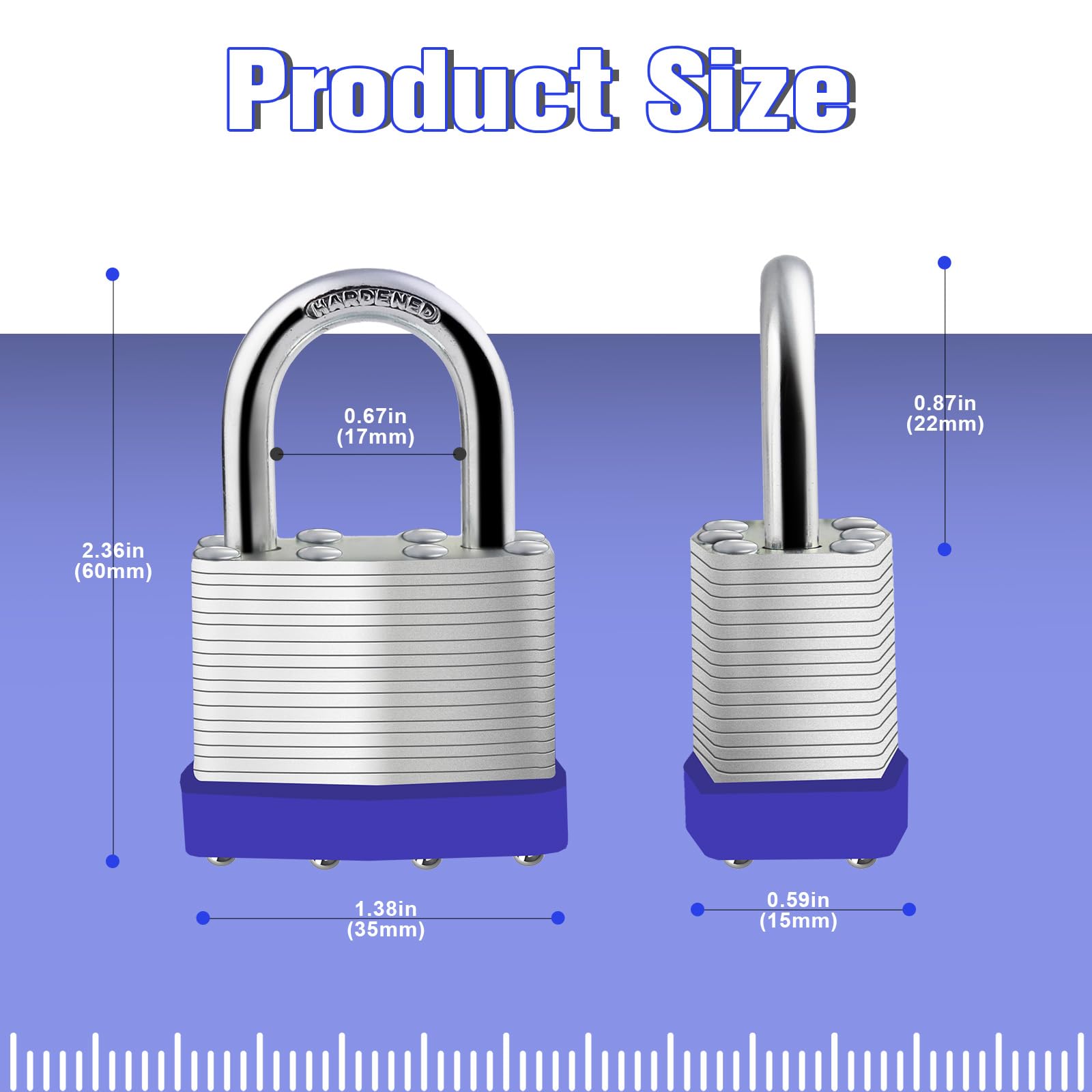 Gradleen Keyed Padlocks Blue Hardened Steel Padlock,Lock Set with 2 Keys,40mm Padlock for Cabinet,Gym,Gates,Sheds,Fences