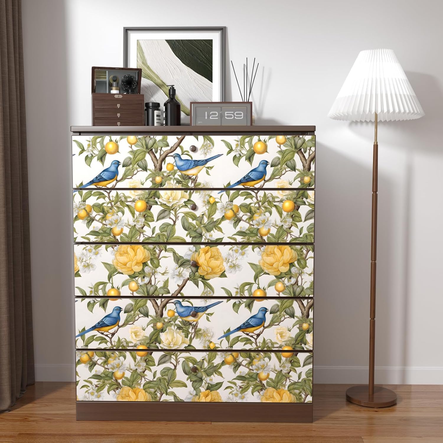 Bird Peel and Stick Wallpaper,Yellow Floral and Lemon 17.5"x 393" Contact Paper,Modern Botanical Chinoiserie Wall Paper For Bathroom Bedroom Cabinet Vinyl Waterproof Removable Dorm Renter Friendly