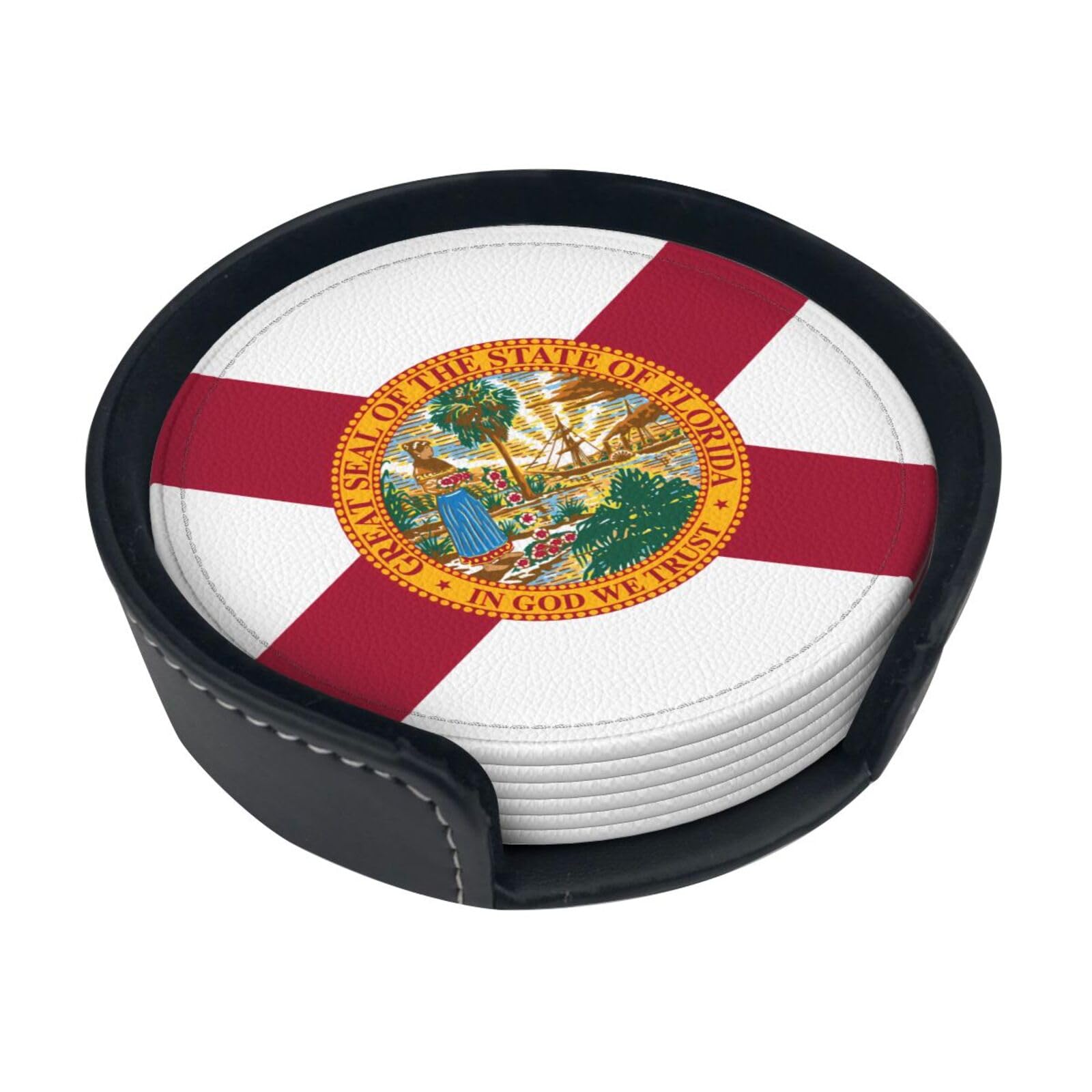 Cntdbu White Flag Of Florida Leather Coasters Set Of 6-Pu Leather Drink Mats For Table, Heat Resistant Round Coasters With Holder
