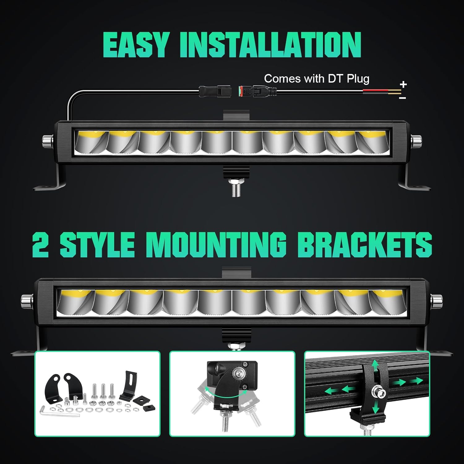 RIGIDON 12 Inch 30W Single Row Slim LED Light Bar, Spot 3000LM Driving Work Light with DT Connector, Offroad Lights for Trucks, Pickup, Car, SUV, ATV, UTV, 4x4, Boat, Camper, Golf Cart