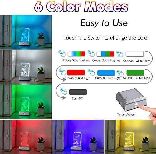 Miniatura 5 de ERWEI Luz nocturna de dinosaurio 3D para hombres y mujeres, figura de cristal grabada, regalo de cumpleaños para niños, amantes de los dinosaurios,