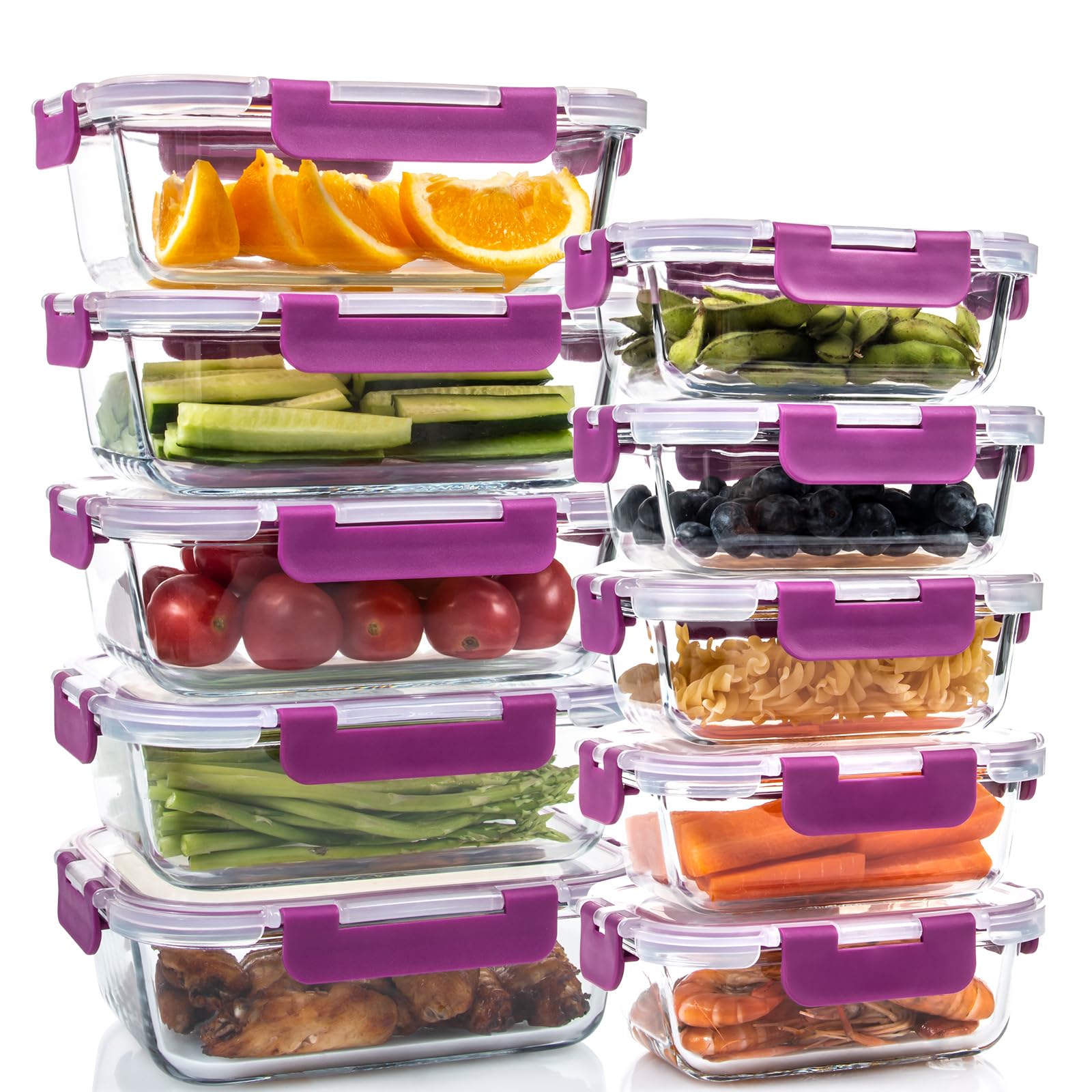 10 Pack Glass Food Storage Containers with Lids, Leakproof Airtight Glass Meal Prep Containers For Lunch, On The Go, Leftover, Dishwasher Safe