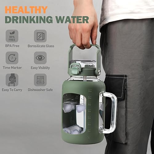 Miniatura 6 de Botella de agua de vidrio de 64 onzas, vasos de vidrio con popote y asa, taza con funda de silicona, botella de agua de medio galón de boca ancha