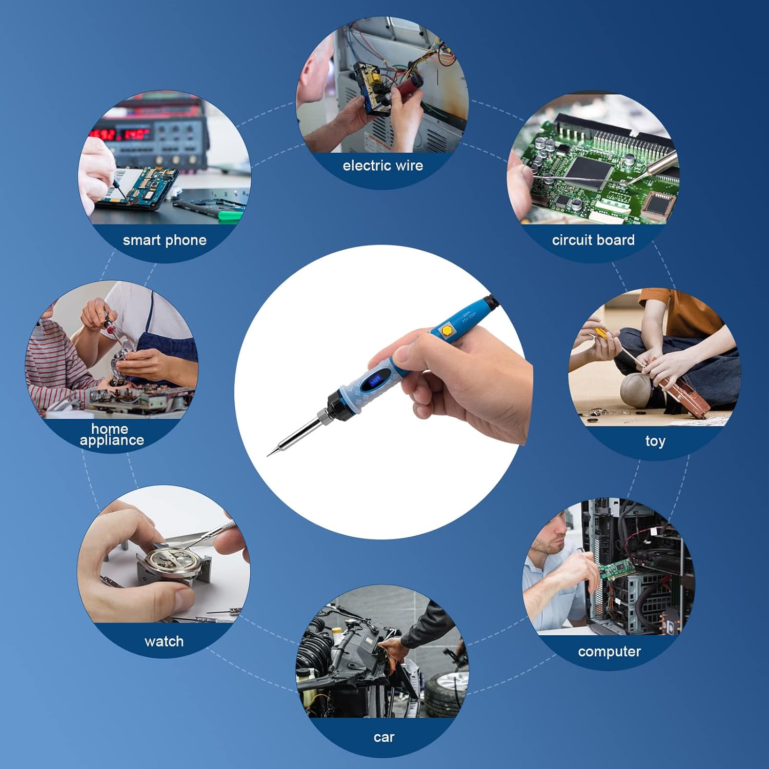 Diagram showing various applications for the soldering iron kit