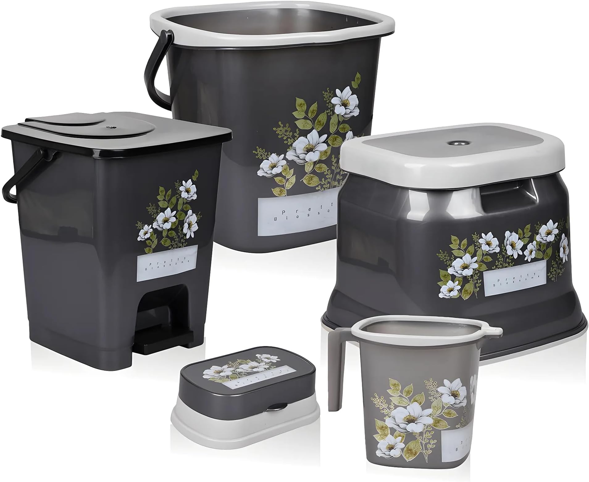 Kuber Industries Bathroom Set | Plastic Bathroom Combo Set | Bucket-Stool-Mug-Dustbin-Soap Holder Set for Bathroom | Modern Bath Set | Printed Bathroom Set | Set of 5 | Gray