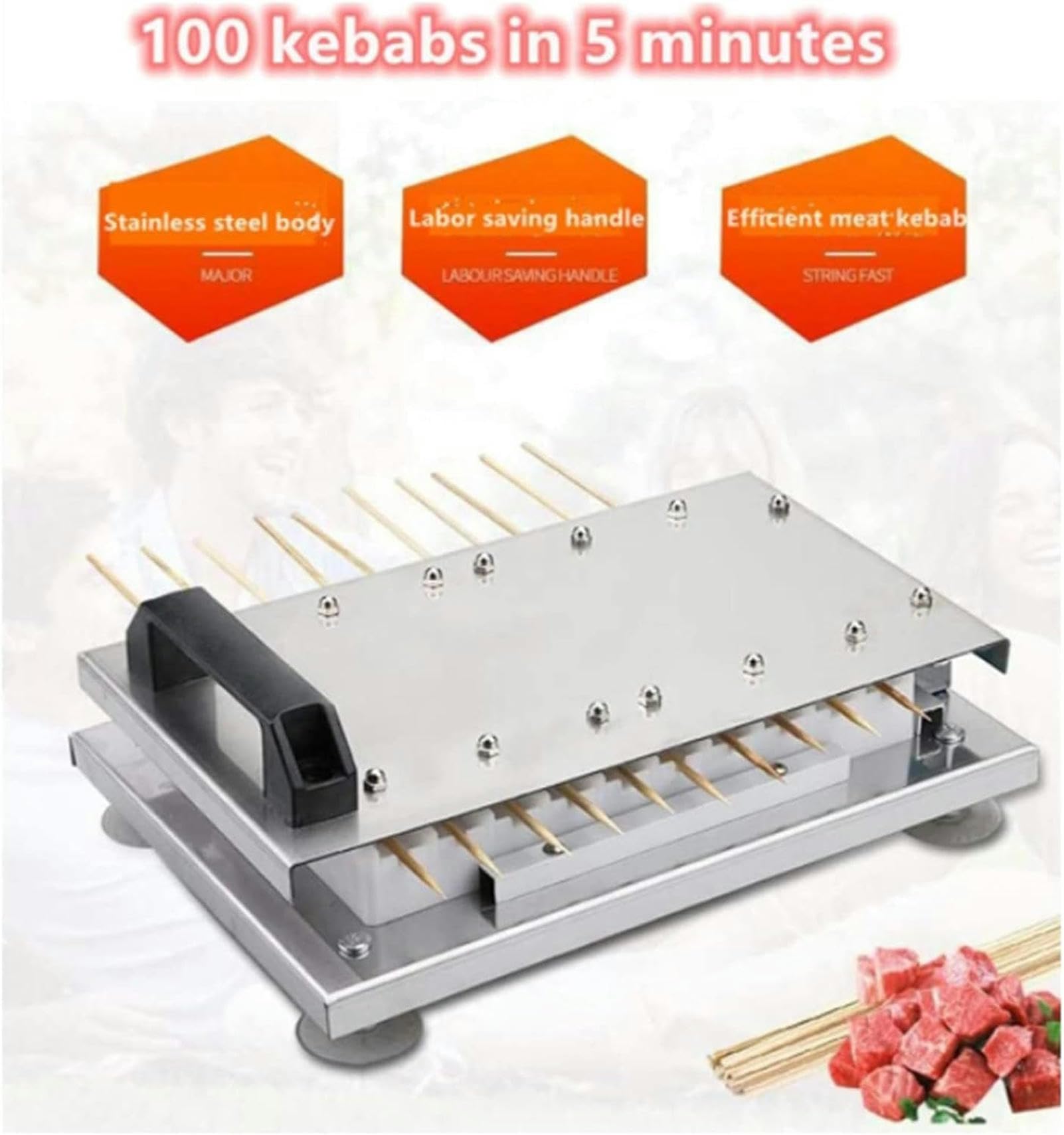 Machine à brochettes de kebab manuelle, machine à cordes de viande commerciale en acier inoxydable, machine à cordes de mutton d'usure à haute efficacité