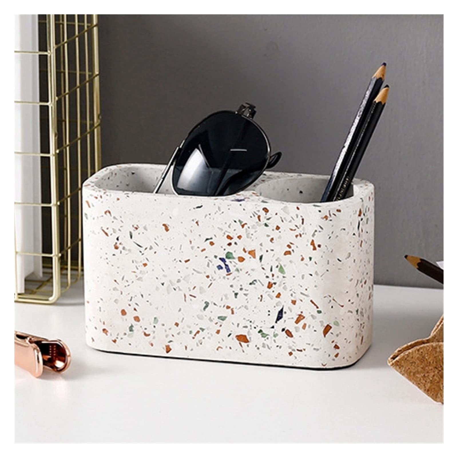 Porte Stylo Papeterie de Bureau Boîte de Rangement Terrazzo Deux-Trous Porte-Stylo Papeterie Box Student Stylo Support Maquillage Brosse Boîte de Rangement Porte-Crayon de Bureau