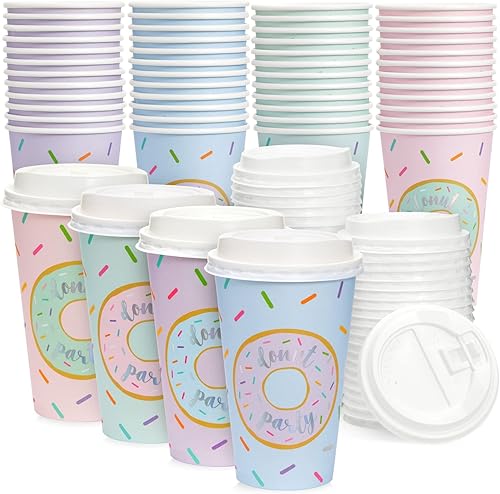 Miniatura 10 de BLUE PANDA Paquete de 48 tazas de café desechables de 16 onzas con tapas, tazas de café de papel para llevar para fiestas temáticas de cumpleaños,