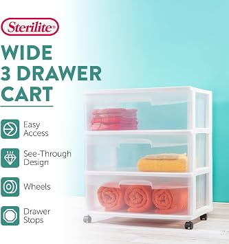 Sterilite Wide Drawer Cart, 3-Tier Plastic Storage Organizers with Wheels, White Frame - Rolling Containers for Home, Bathroom, Bedroom, Office, and Classroom Organization