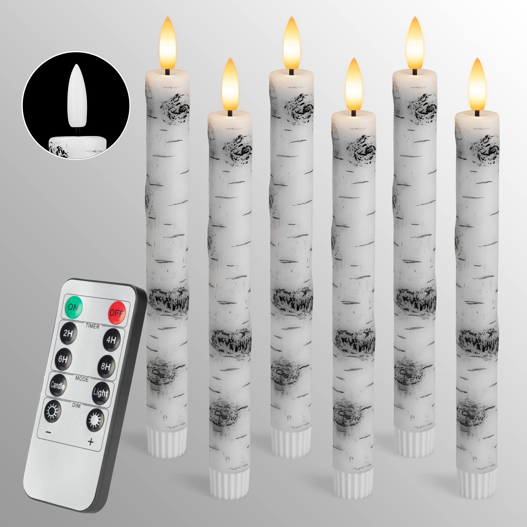 SEHNSY Real Wax Flameless Taper Candles with Remote Timer,Battery Operated LED Candles Set with 3D Flickering Flame,9.6" Realistic Dripless Candlesticks for Wedding Home Decor,6 Pack Birch Bark