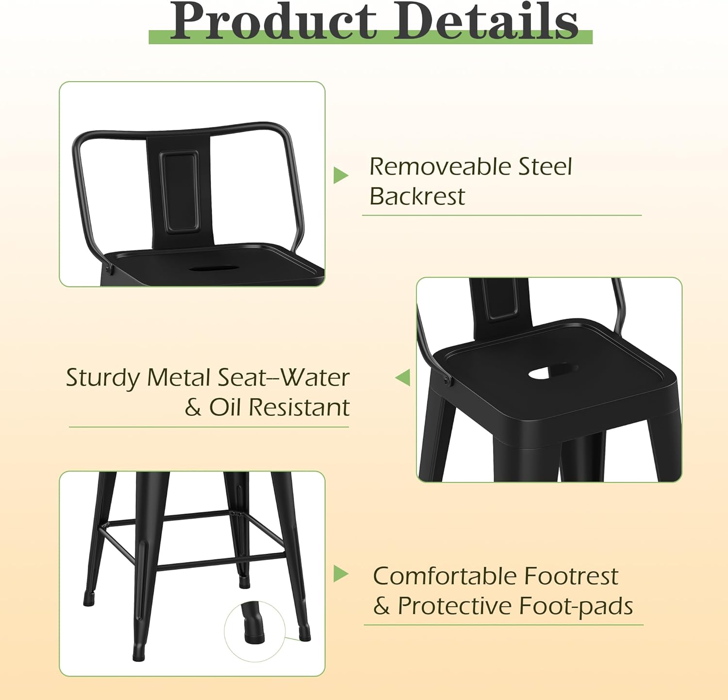 Metal Bar Stools Set of 4 Barstools Indoor/Outdoor Counter Height Bar Stools Bar Chairs with Back bar Height for Kitchen Island Dining Room (Black, 30inch)