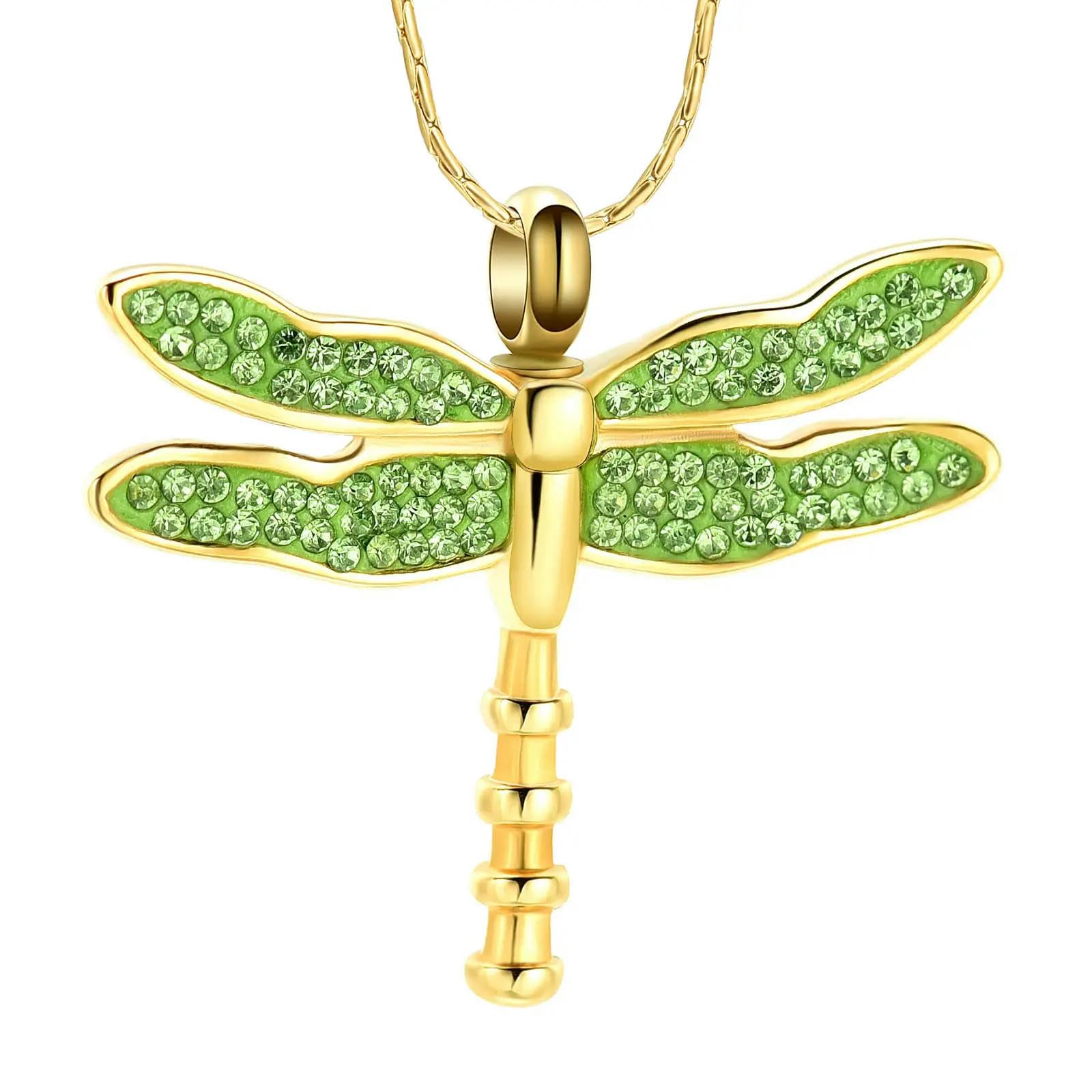 Collier urne étanche contre le manque : votre pendentif libellule en acier et cristal vert