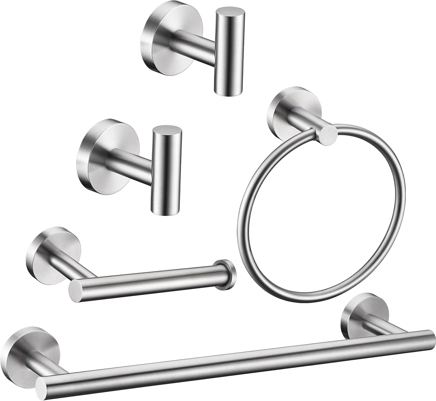 5 pieces brushed nickel bathroom hardware set include 16inch towel bar,2pcstowel hooks,toilet paper holder,hand towel ring round sus304 stainless steel bathroom accessories set heavy duty wall mounted brushed nickel 5 piece 16"