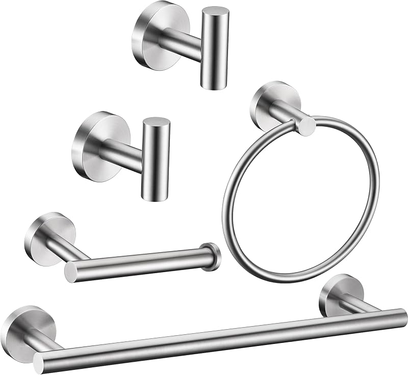 Juego de accesorios de baño de níquel cepillado de 5 piezas que incluye barra para toallas de 16 pulgadas, 2 ganchos para toallas, soporte para papel higiénico, anillo para toalla de mano, juego de accesorios de baño redondos de acero inoxidable SUS304, montaje en pared resistente
