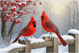 Wooden Puzzles Winter Snow Landscape Forest Cardinal Christmas Red Bird Painting Jigsaw Puzzles for Adults 1000 Pieces Impossible Puzzle Challenging Puzzle Educational Toys Decompression Game