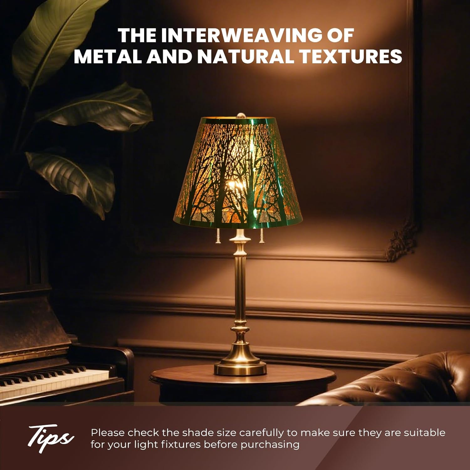 Small Metal Lampshade Forest Etching Forest Lamp Shade Pattern 6'' Top 10'' Bottom Height 7.5'' Fits For Table Lamps And Floor Lamps Spider Fitter Stainless Steel Green outside Gold inside ALUCSET