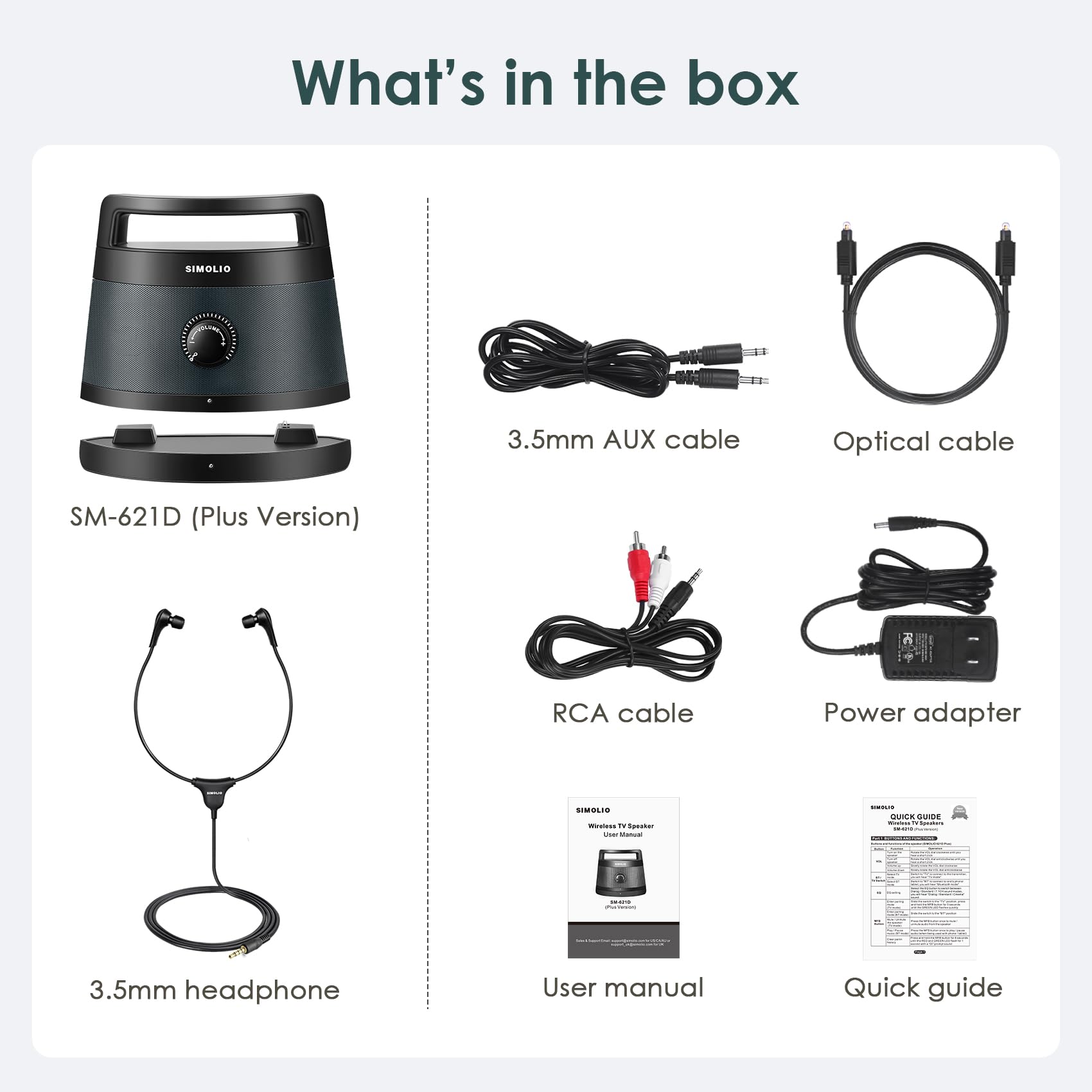 SIMOLIO Enceintes TV sans Fil Seniors Malentendants Bluetooth Haut-parleurs 3 Modes Égalisation Améliorateur Dialogue 164 Pieds