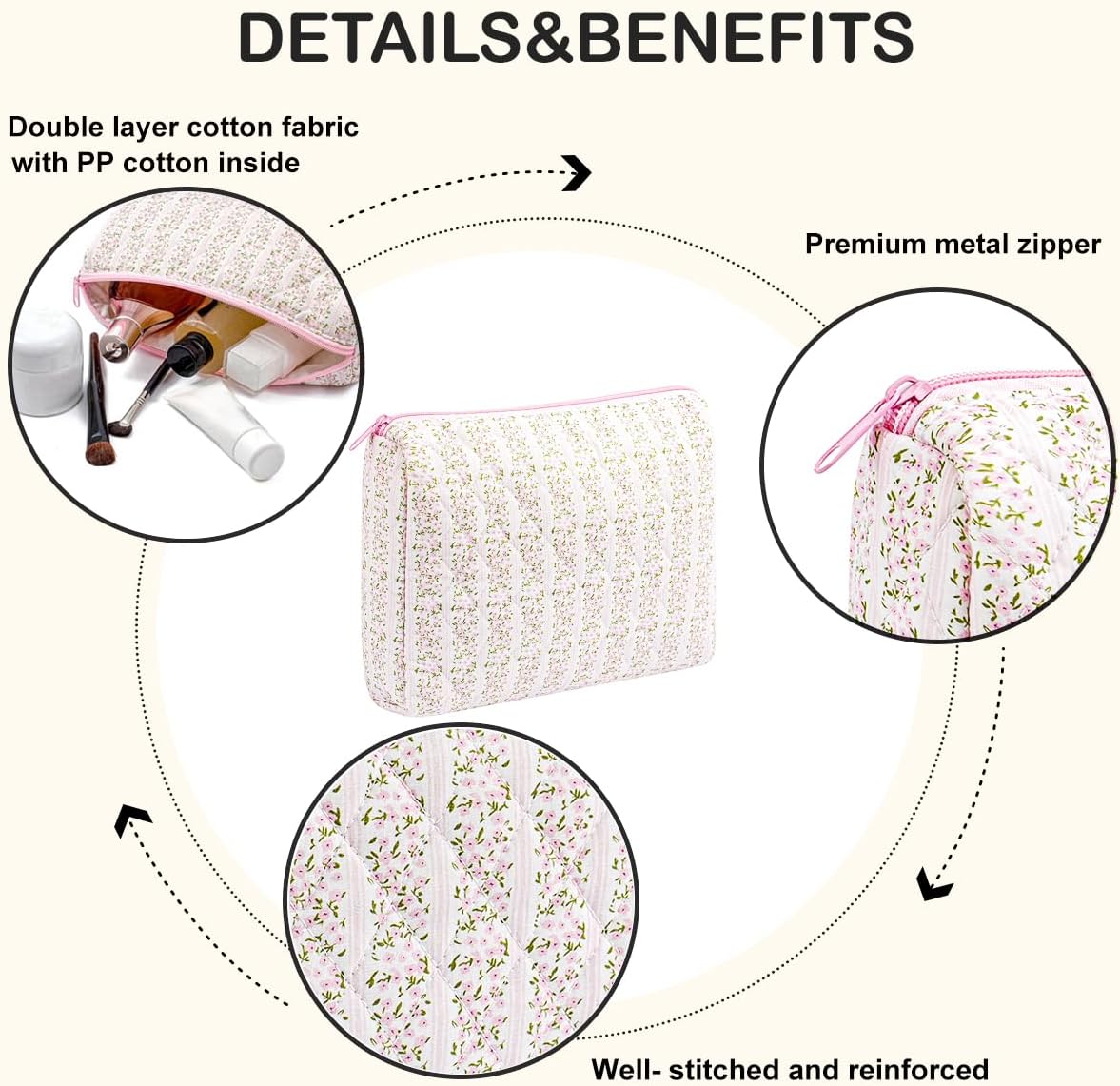 Cute Floral Makeup Bag Large Cotton Quilted Cosmetic Bag, Aesthetic Essential Bag Toiletry Period Bag for Women Travel Accessories (Pink Floral) image 4