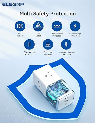 Miniatura 7 de ELEGRP Regleta de alimentación 6 en 1, 3 tomas de corriente ampliamente espaciadas, 3 puertos de carga USB, 1200 W con cable de extensión de 5 pies,