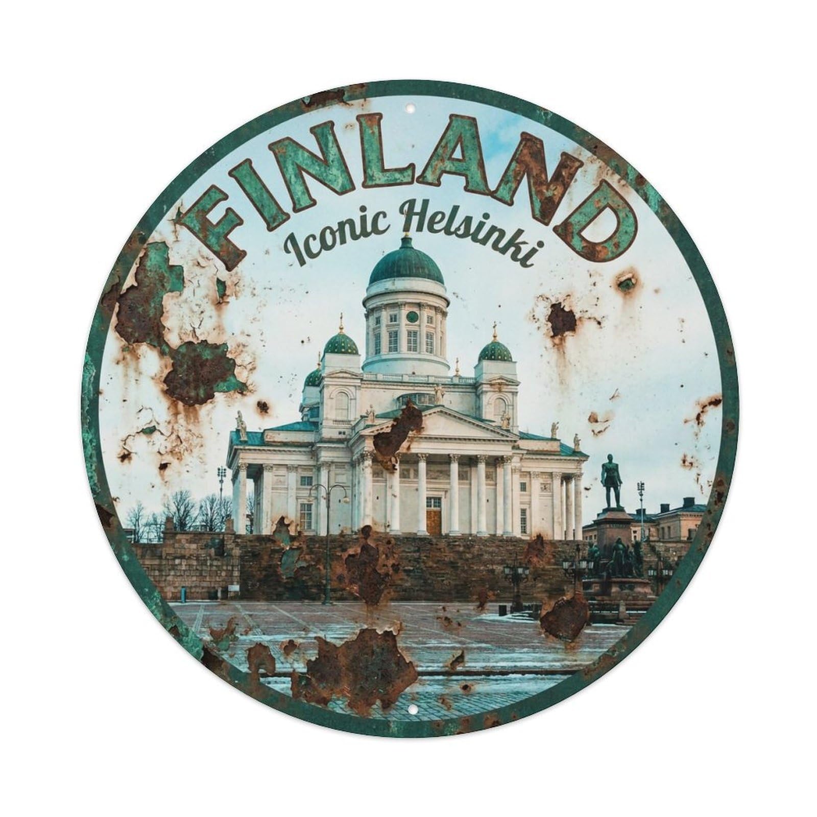 Vintage Travel Finland Iconic Metal Tin Sign Plaque Wall Decor for Cafe, Club, Garden Round Metal Poster 8x8Inch