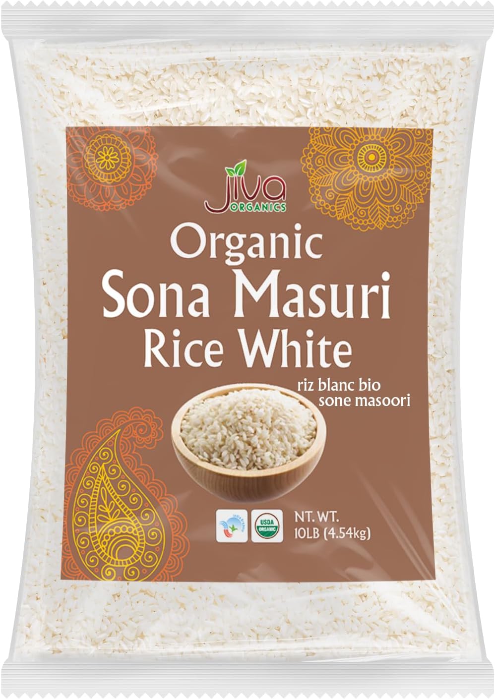 Organic Sona Masoori Rice 10 LB Premium Quality - India Origin, Short Grain Rice, All Natural & Non-GMO - by Jiva Organics (10 Pounds)