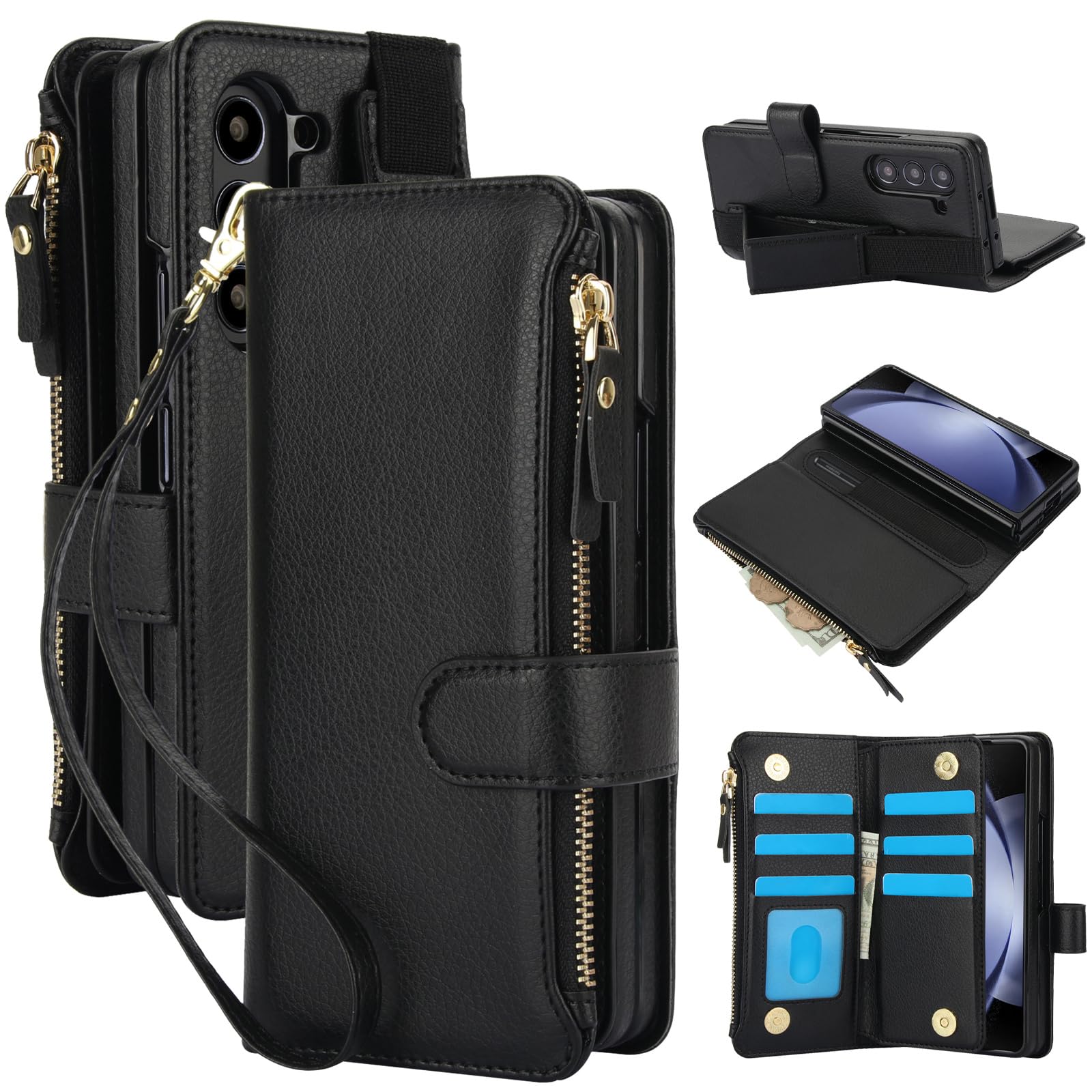 Dteck for Galaxy Z Fold 7 (2025 Release) Flip Wallet Phone Case with Wrist Strap, Built-in S Pen Holder/Hand Strap/Kickstand/Card Slots/Zipper Pocket,