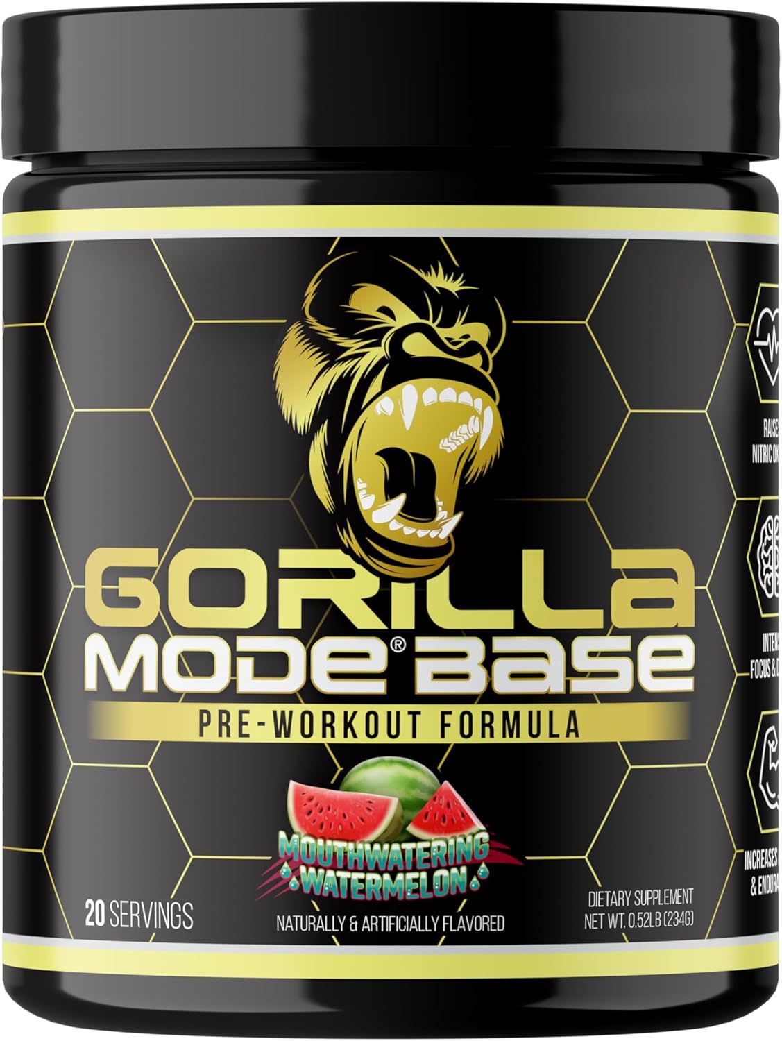 Gorilla Mode Base Pre Workout - Raises Nitric Oxide · Intense Focus & Drive · Endurance · Power - L-Citrulline, L-Tyrosine, Betaine, Alpha-GPC, Caffeine, Huperzine A - 234g (Mouthwatering Watermelon)