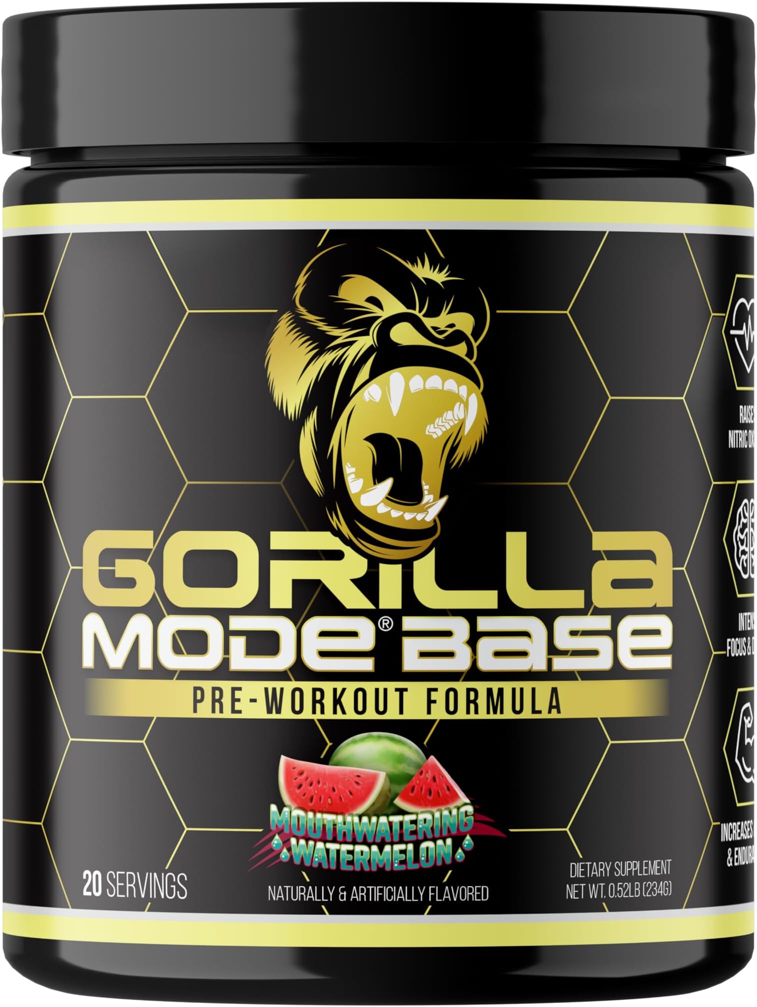 Gorilla Mode Base Pre Workout - Raises Nitric Oxide ยท Intense Focus & Drive ยท Endurance ยท Power - L-Citrulline, L-Tyrosine, Betaine, Alpha-GPC, Caffeine, Huperzine A - 234g (Mouthwatering Watermelon)