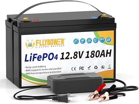 FLLYROWER 12V Lithium Battery 180AH With BMS and 16500 Deep Cycles 12V 180AH Lifepo4 Battery Grade A Cells for Marine Trolling Motor RV camping Solar Golf Cart Off-Grid