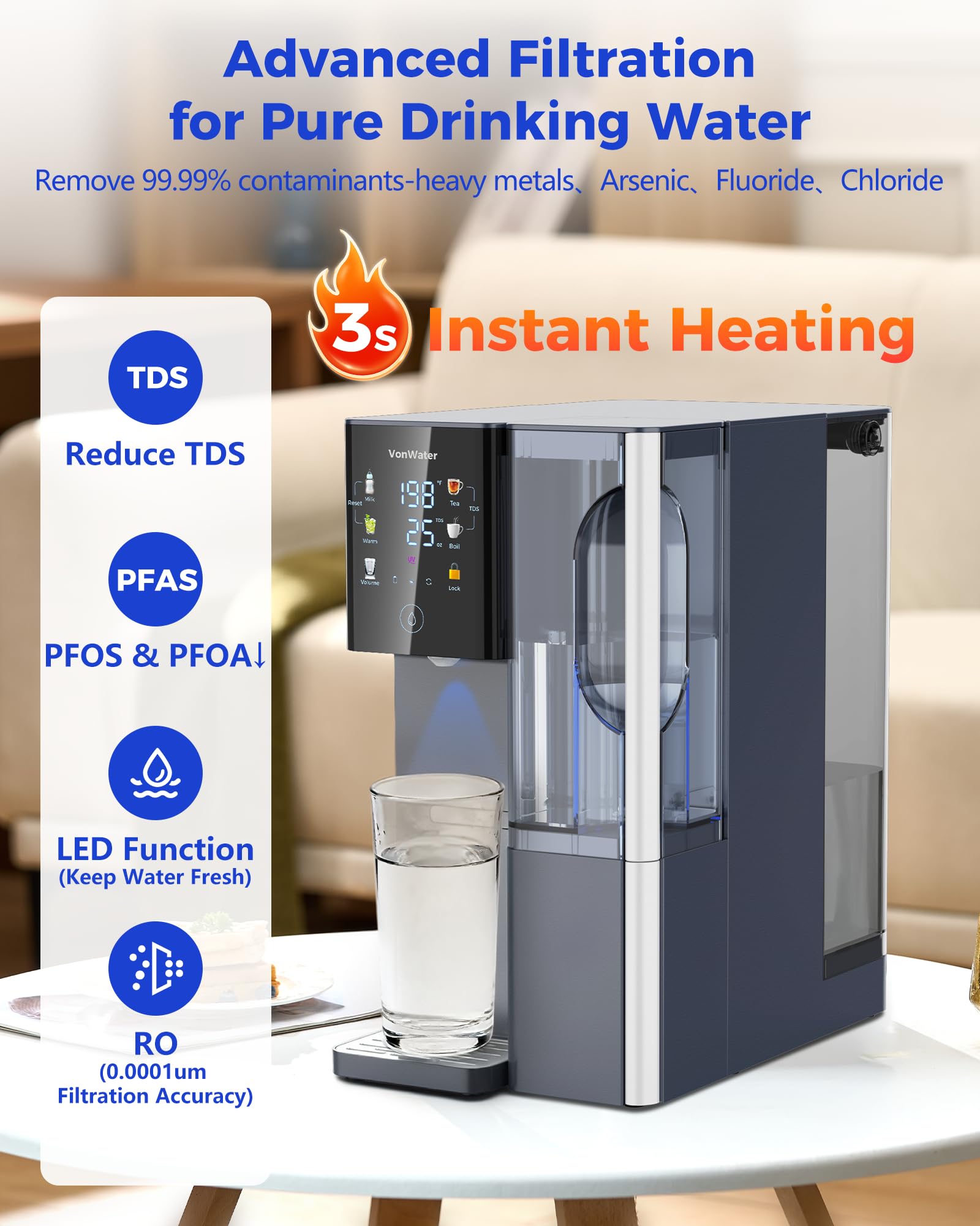 CT910H Filtr wody z odwróconą osmozą na blat, system filtracji wody RO 3S z natychmiastowym podgrzewaniem, 7-stopniowy oczyszczacz wody z przenośnym dzbankiem, NSF/ANSI 372,42,58, redukuje