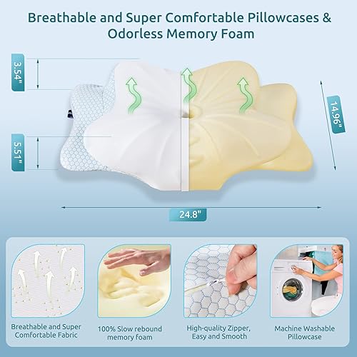 Miniatura 5 de DONAMA Almohada cervical para cuello y hombro, paquete de 2 almohadas de espuma viscoelástica de contorno, almohada ergonómica de apoyo para el