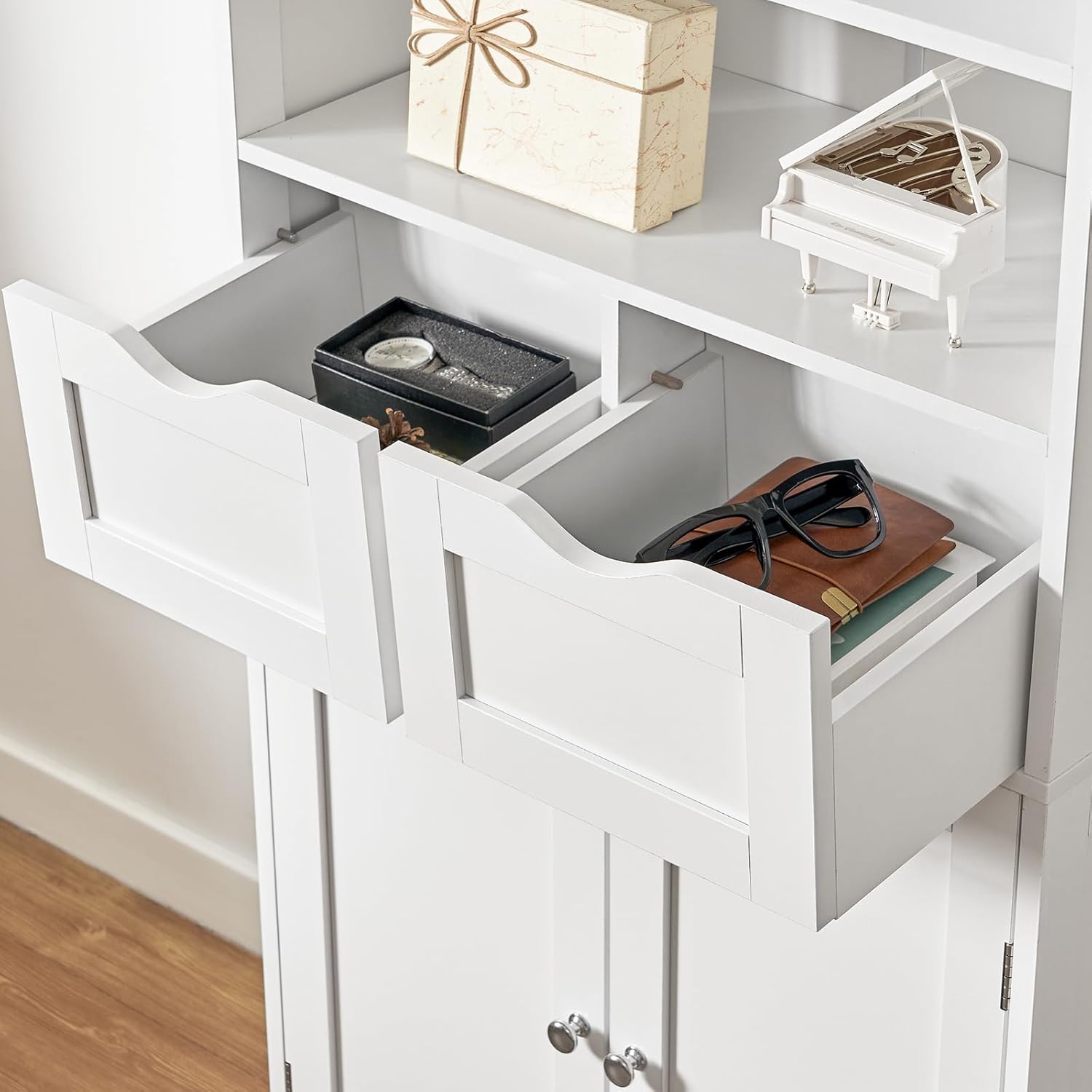 White Linen Cabinet Drawers Open with Items